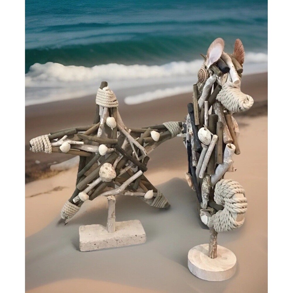 2p Seahorse & Starfish Sculpture Set Handmade Driftwood, Seashell Coastal Decor